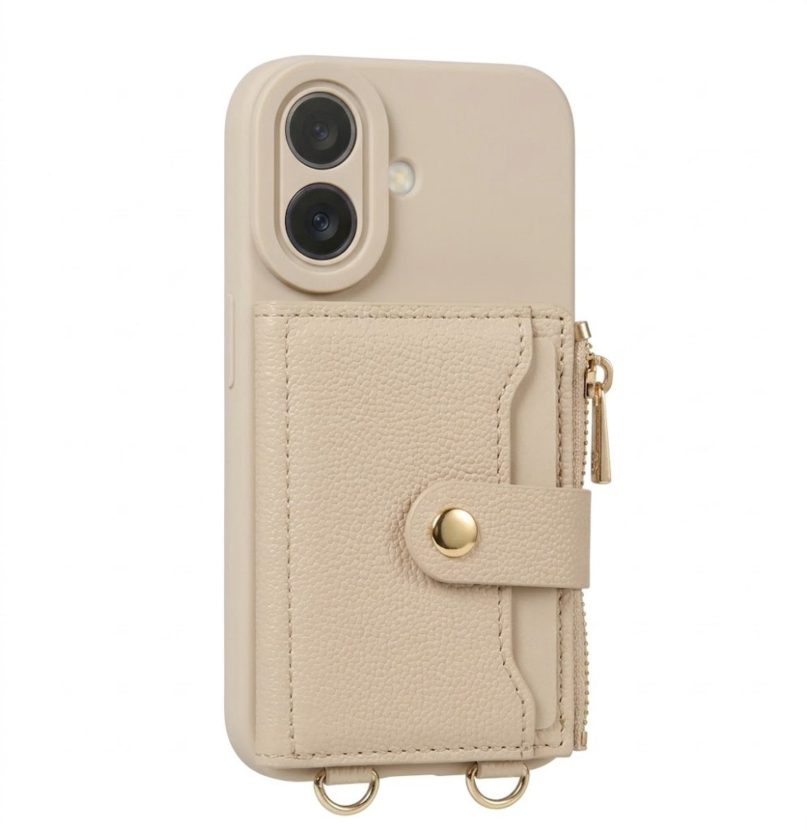 Beige telefoon hoesje met portemonnee en rits geschikt voor iPhone 17 – kunstleer beschermende case voor dames en heren met pasjeshouder, druksluiting, afneembare draagkoord en standaard functie
