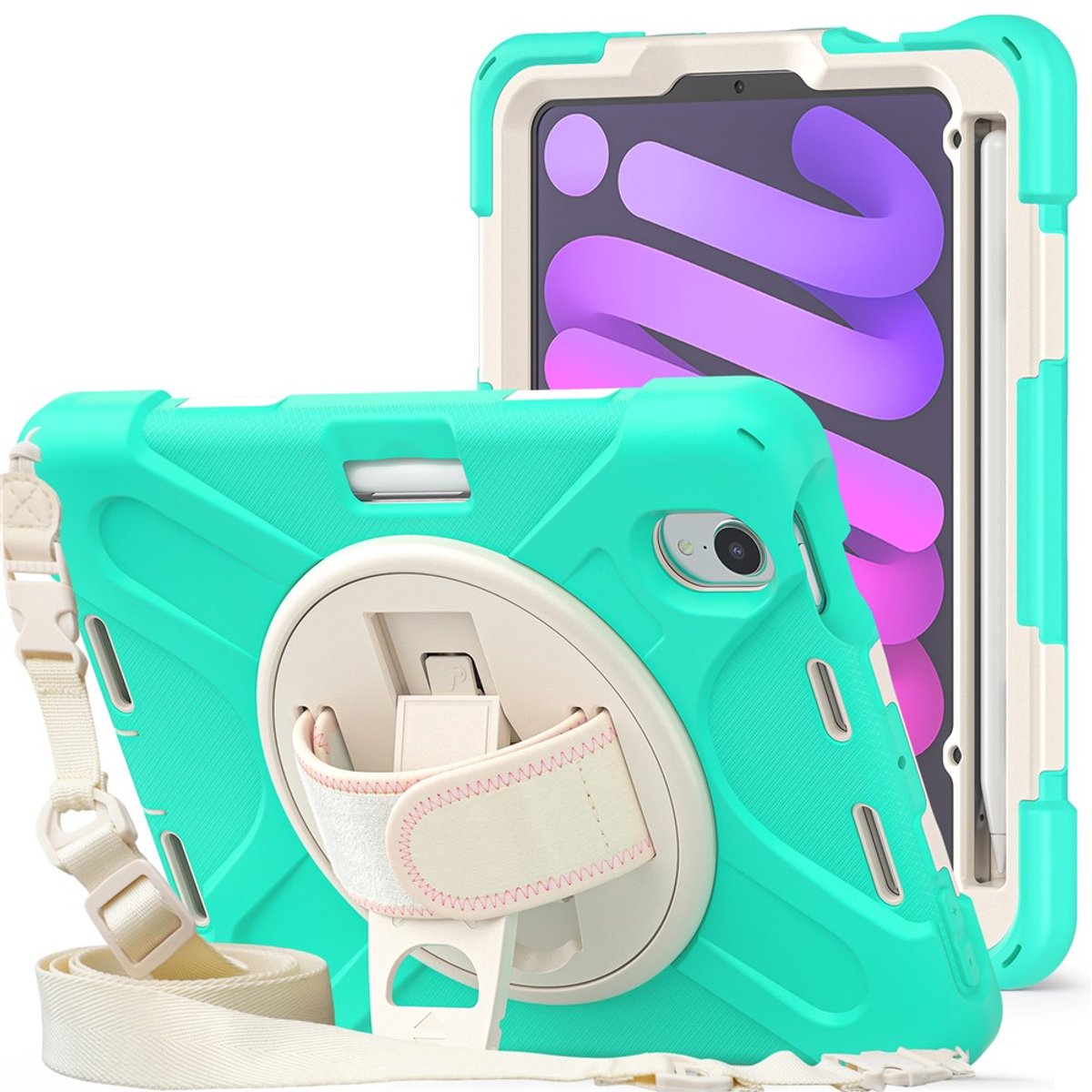 Tablethoes geschikt voor Apple iPad Mini 6 & 7 (8.3 inch) – Turquoise – Met schouderriem
