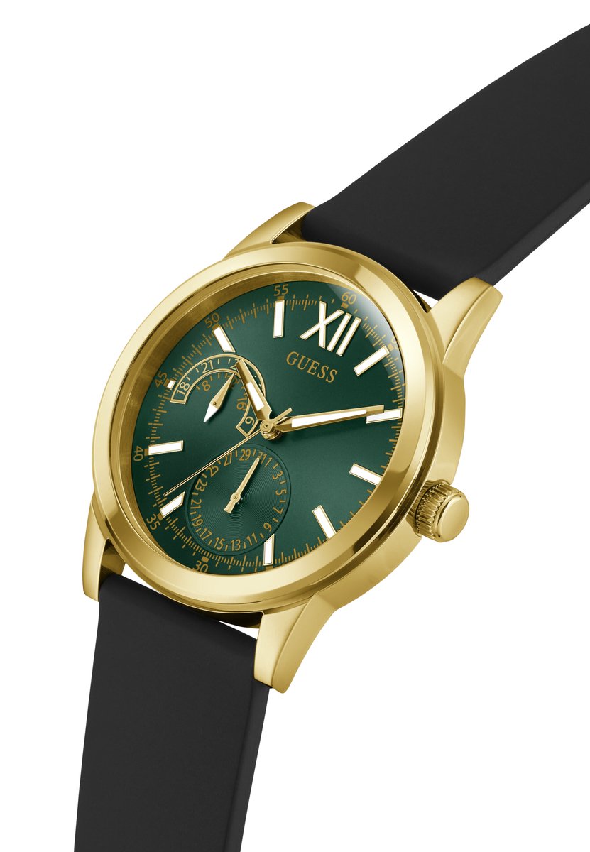 Guess Emerson Quartz Analoog Horloge Zwart Kast: 100% Roestvrij Staal | Armband: 100% Siliconen 42 mm GW1056G1, GW1056G2