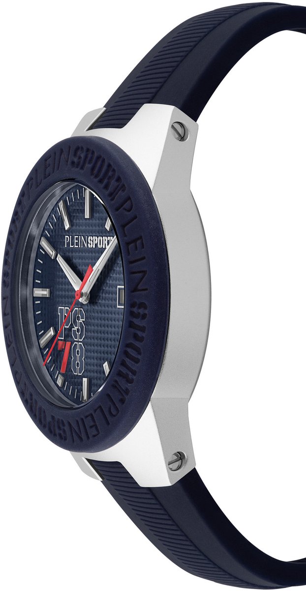 Plein Sport Vortex Quartz Analoog Horloge Blauw Kast: 100% Gerecycled Roestvrij Staal| Armband: Siliconen 46 mm PSRGA0226, PSRGA0326, PSRGA0426