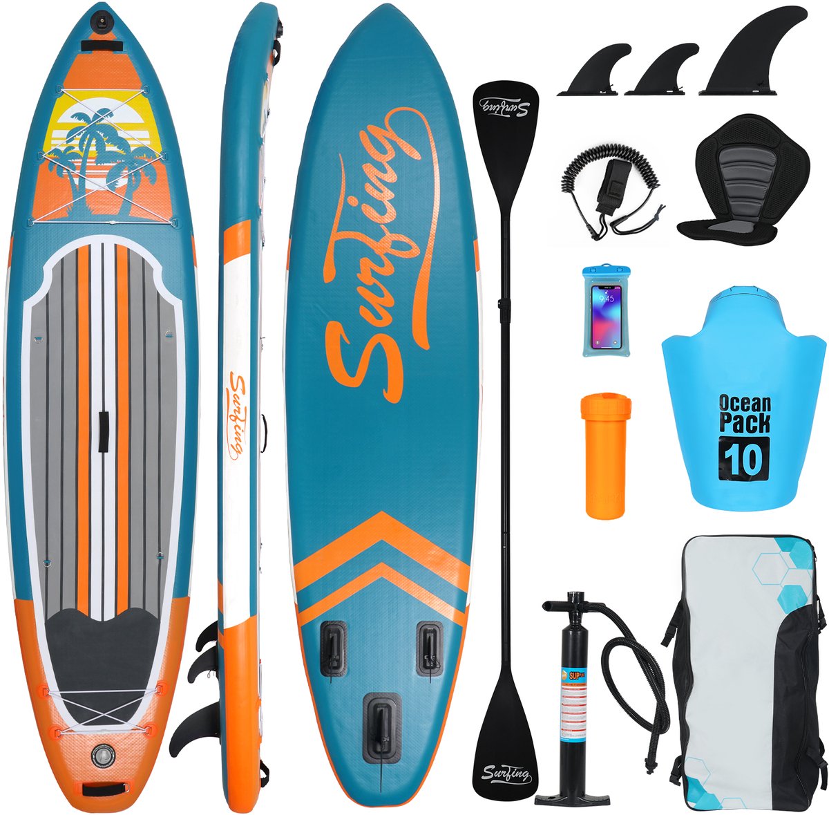 Puluomis Opblaasbaar Paddle Board - Paddle SUP Board - met Zitje - Complete Set - Max. 150KG - 335x84cm - Blauwgroen