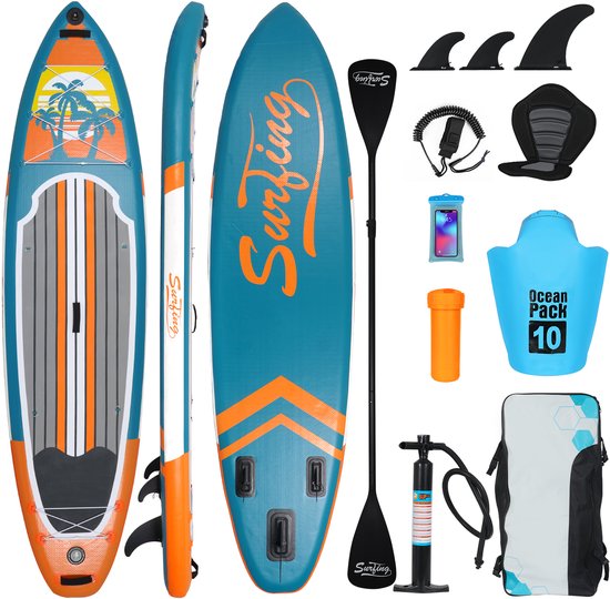 Puluomis Paddle Board Gonflable - Paddle SUP Board - avec Siège - Ensemble Complet - Max. 150KG - 335x84cm - Bleu-vert