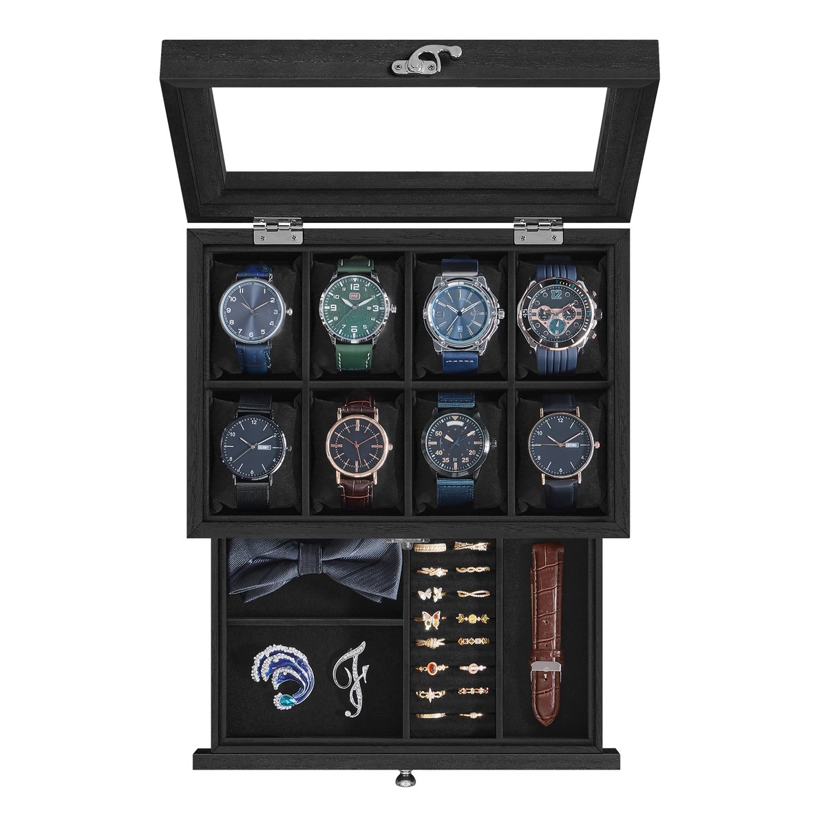 SONGMICS - Horloge Doos - Met 8 Vakken - Massief Hout met Glazen Deksel - Inclusief Horlogekussens