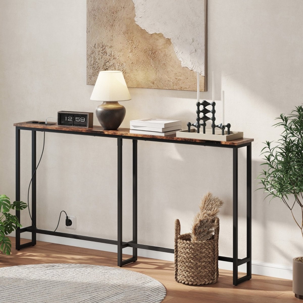 REDOM Console Tafel 160 x 20 x 80 cm – Smalle Haltafel met Stopcontacten en USB – Ruimtebesparende Sidetable voor Hal of Woonkamer – Hout en Staal – Bruin