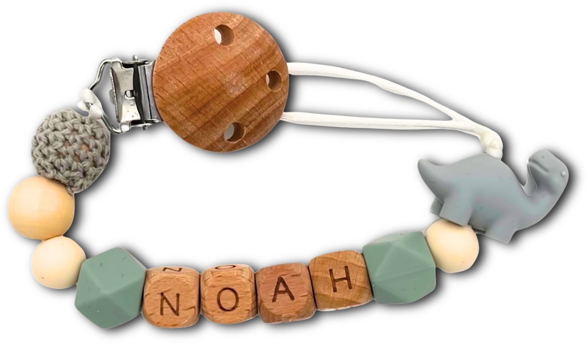 Speenkoord met naam - Dino | Personaliseer - Blauw - Kraamcadeau - Speenketting - Babycadeau - Babyshower