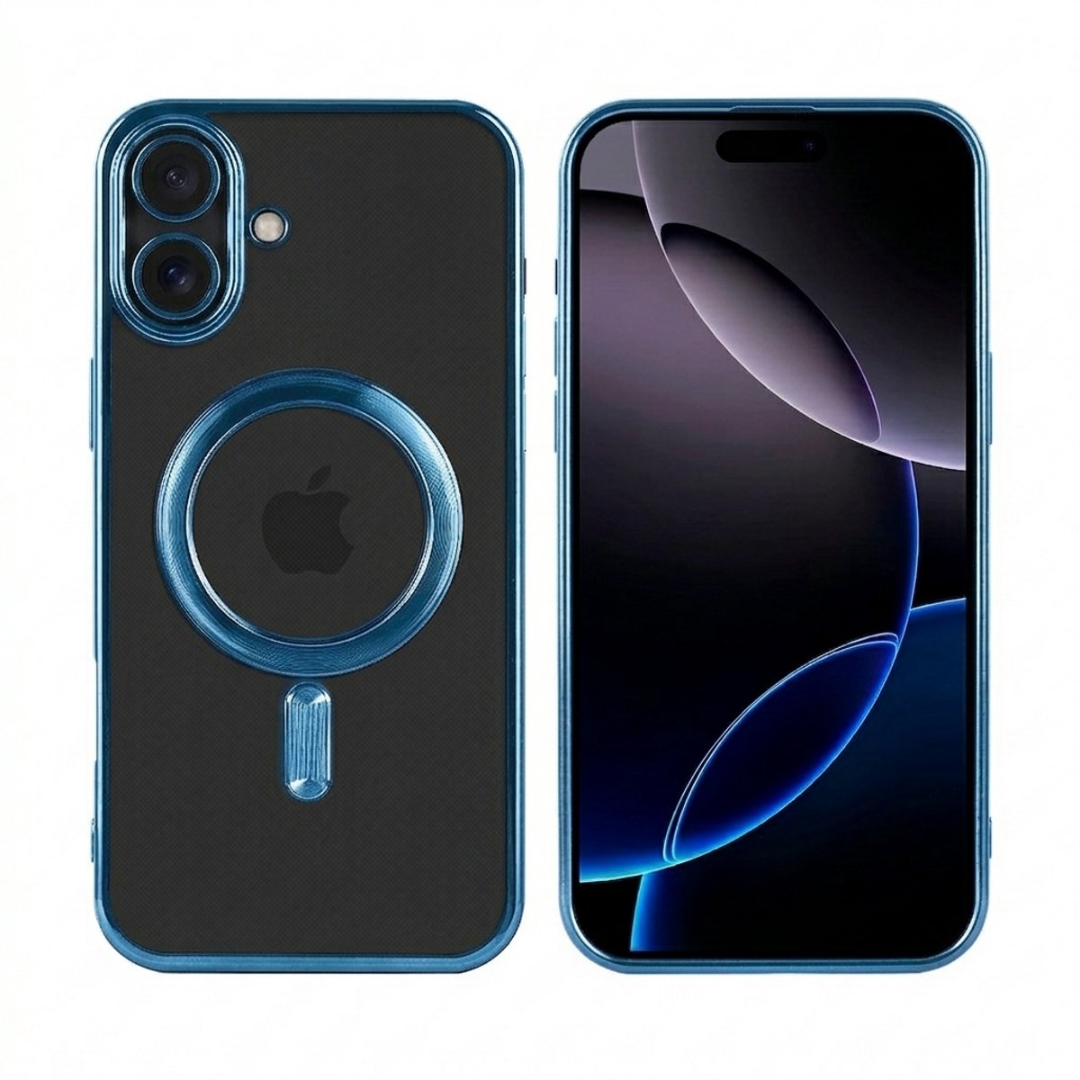 iPhone 16 Plus Hoesje (Blauw) Transparant – MagSafe Compatibel – Shockproof Case – TPU + PC – Draadloos Opladen – Camera- en Schermbescherming – Luxe Design