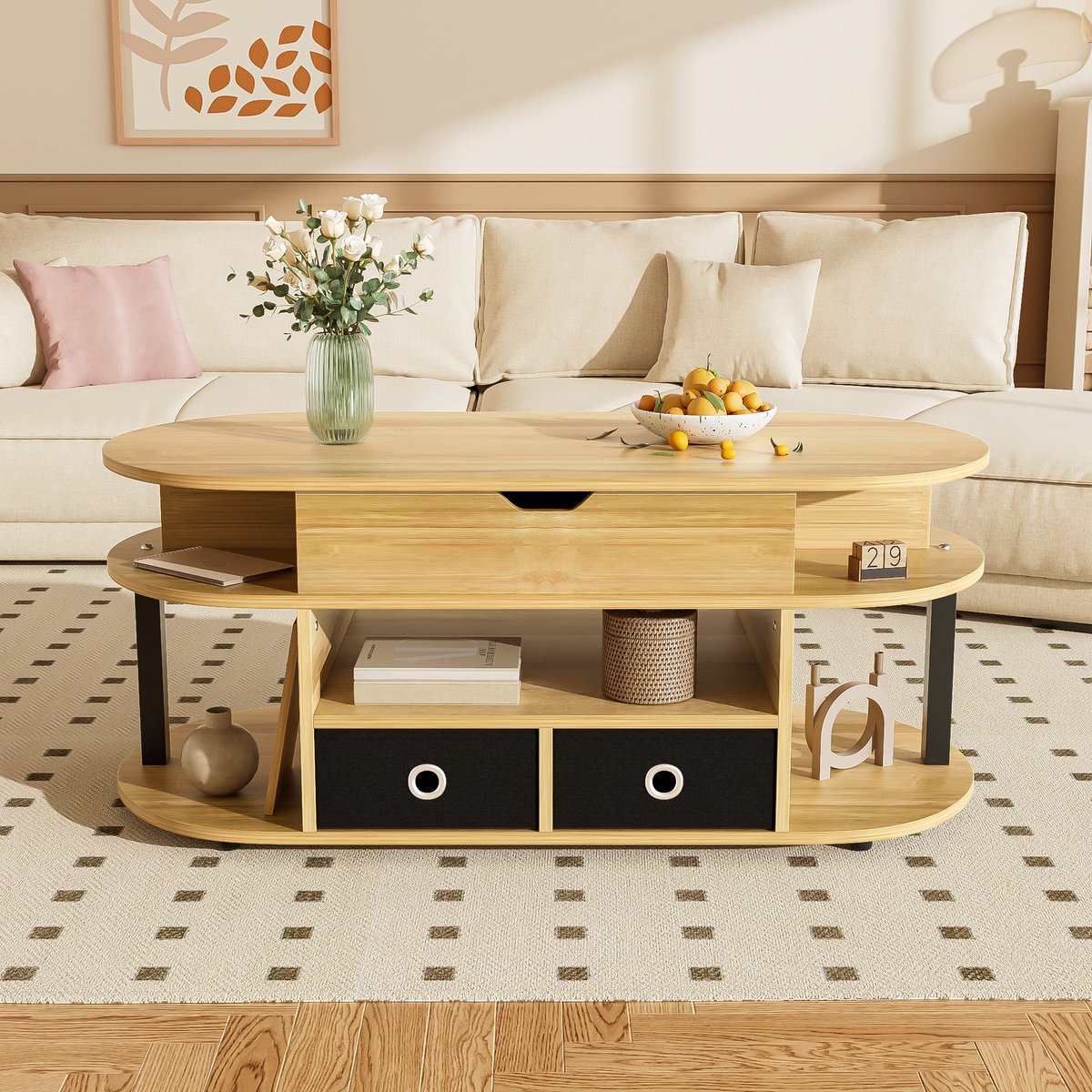 Wishdor - Salontafel - Met Hefblad En Opbergruimte - Modern - Voor Woonkamer - Spaanplaat - Zwart En Houtkleur - 105 X 50 X 45/60 Cm