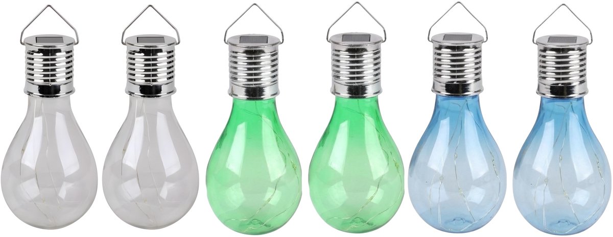 Solar sfeer tuin hanglampje - 6x stuks - wit / groen / blauw - 15 cm - kunststof - sfeerve
