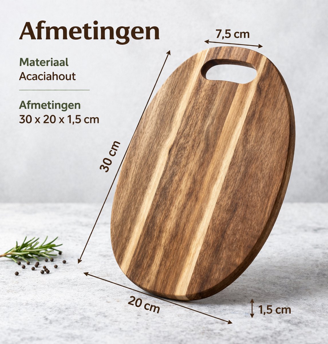 Houten Snijplank voor Keuken en Serveren – Ovaal - Snijplank Acaciahout met Handvat – 30 x 20 x 1,5 cm – Duurzaam en Stevig Acacia Hout — cadeau in Kookcadeaus - foto 6