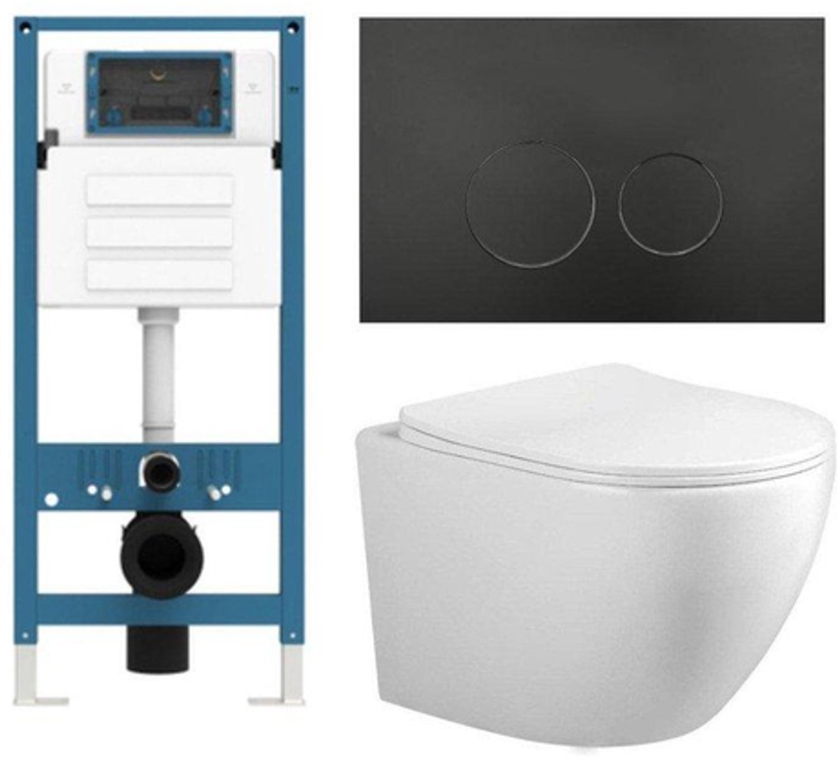 FugaFlow Eccelente Press Toiletset - 48.5x36x32cm - diepspoel - spoelrandloos - inbouwreservoir - softclose - quickrelease - toiletzitting - mat zwarte kunststof bedieningsplaat - ronde knoppen - wit