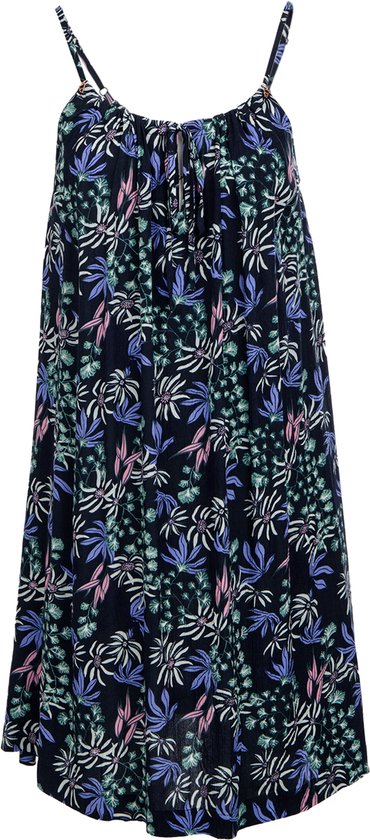 Robe d'été bleu foncé à imprimé floral violet, bleu, rose et vert. Col montant avec cordon à nouer.