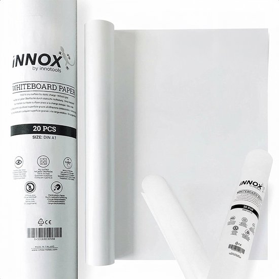 iNNOX Elektrostatische Whiteboard Folie - Zelfklevend Flipchart Papier zonder Lijm - Herbruikbare Whiteboard Vellen voor Meetings, Brainstorming & Coaching - Wit - 20 Vellen