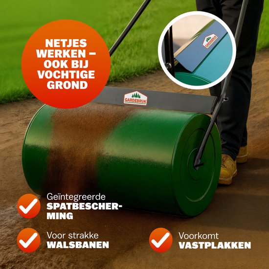 Groene tuinwals met spatscherm en zware trommel, gebruikt op vochtige grond, voorkomt vastplakken.