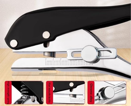 Zwarte perforator met metalen snijrand, close-up van veer, platte mond en chroom-legering.