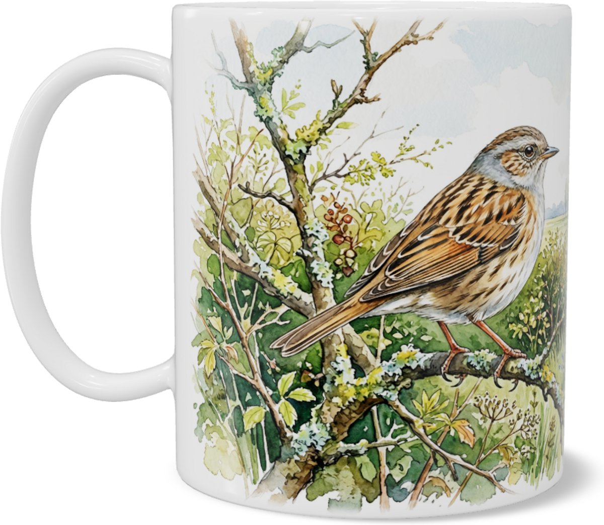 Aquarel Series Vogel Heggenmus in Bloemenweide met Hollandse Molen & Beekje - Natuur Koffiemok & Theebeker voor Thuiswerkplek & Kantoor - Ideaal Cadeau voor hem & haar: Vrouw, Vriend(in) of Collega - Waterverf Polder Design