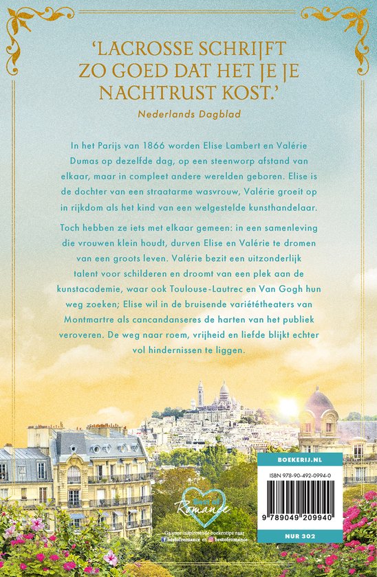 Boekcover met een gedicht over 'Lacrosse schrijft zo goed dat je je nachtrust kost.' uit het Nederlands Dagblad. Rechtsonder een afbeelding van Parijs en bloemen.