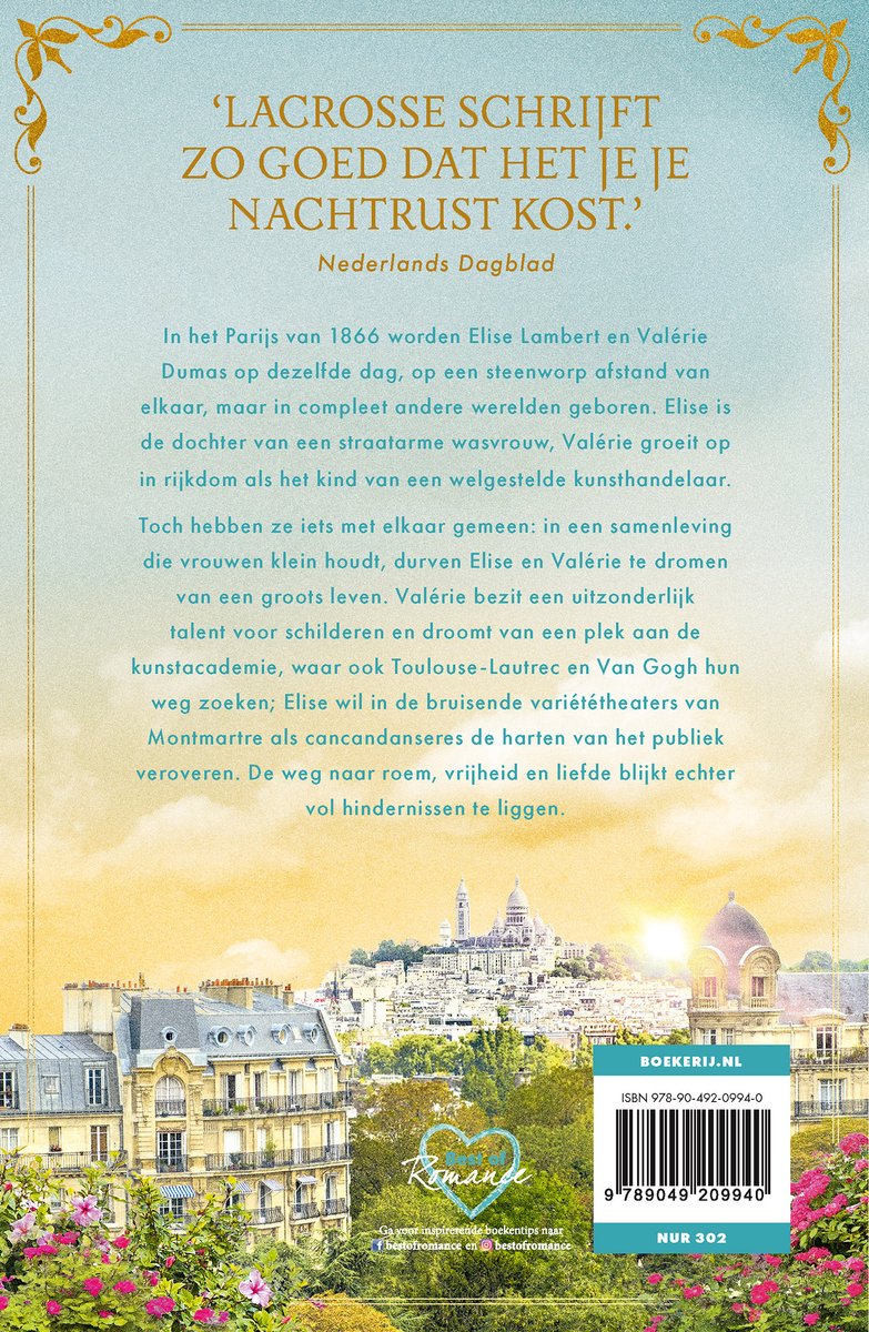 Boekcover met een gedicht over 'Lacrosse schrijft zo goed dat je je nachtrust kost.' uit het Nederlands Dagblad. Rechtsonder een afbeelding van Parijs en bloemen.