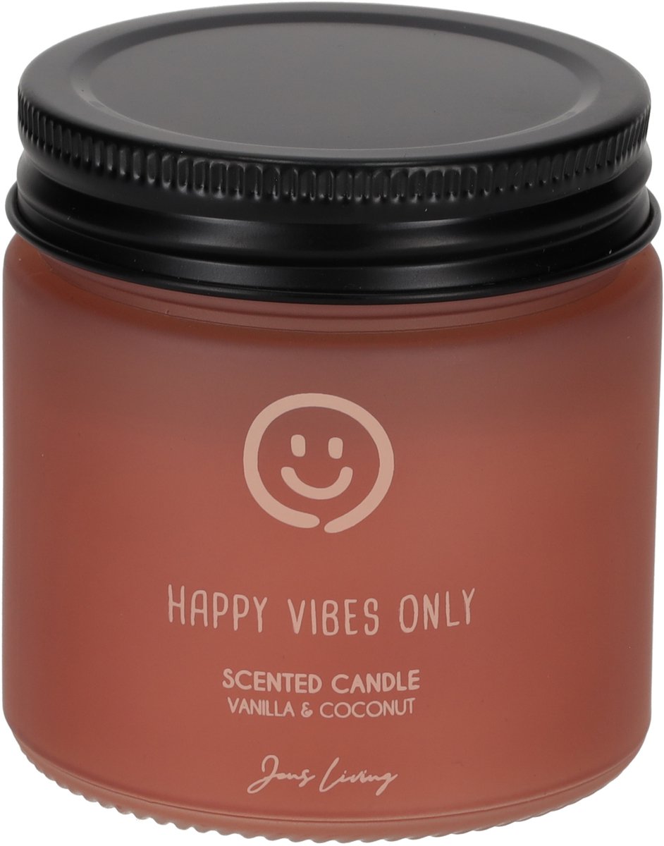 JENS Living Geurkaars - HAPPY VIBES ONLY - Branduren: 15u - Geur: vanille & kokos - 7 x 7 x 8 cm Roze