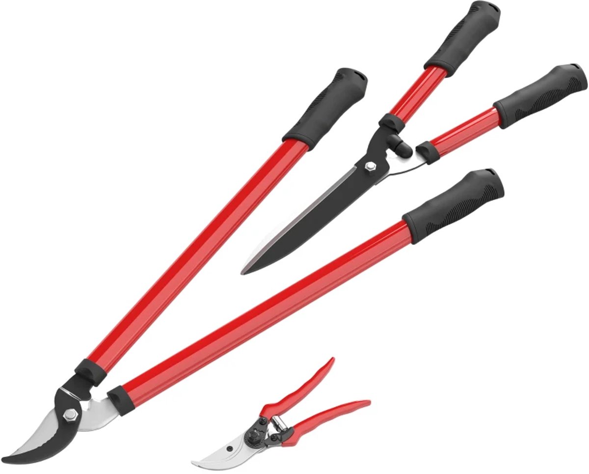 Snoeischaren set - Tuinscharen set - 3-delig - Snoeischaar met Stalen Bladen en Handvat - Tuinschaar - Heggenschaarset - Takkenschaar - Rood + Zwart