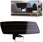 Zwarte solar spot met zonnepaneel, 700 lumen, en verpakking.