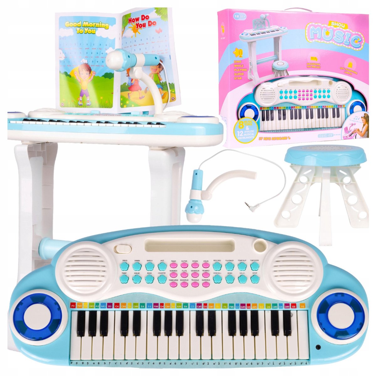 Playos® - Keyboard met Microfoon - Blauw - Inclusief Standaard & Kruk - met 20 Klassieke Kinderliedjes - Licht & Geluid - Opnemen en Afspelen - Speelgoedinstrument - Muzikaal Speelgoed