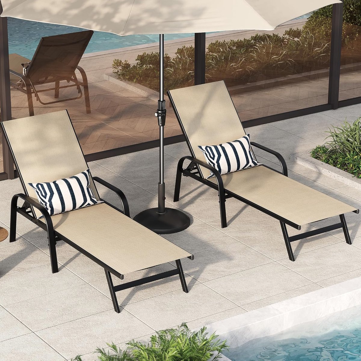 Set van 2 Luxe Ligstoelen voor Buiten - Verstelbare Tuinstoel (5 Standen) - Textileen - beige