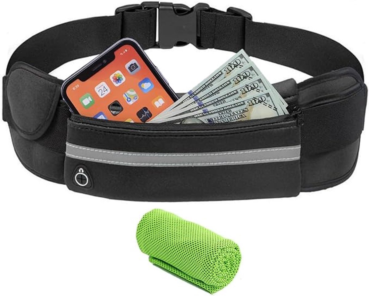 Running belt - flipbelt - hardloopriem telefoon - Hardloop riem - Ruime Opbergvakken voor Smartphone, Drinkfles of Powerbank - Reflectie Strip - 70 tot 140 cm - Zwart grijs - van Imperatoris