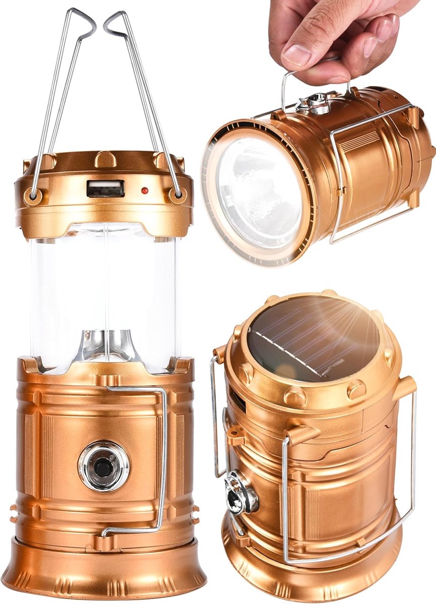 Solar LED camping lantaarn & zaklamp – Opvouwbaar & draagbaar – Roestvrijstalen handvat-Belle's product