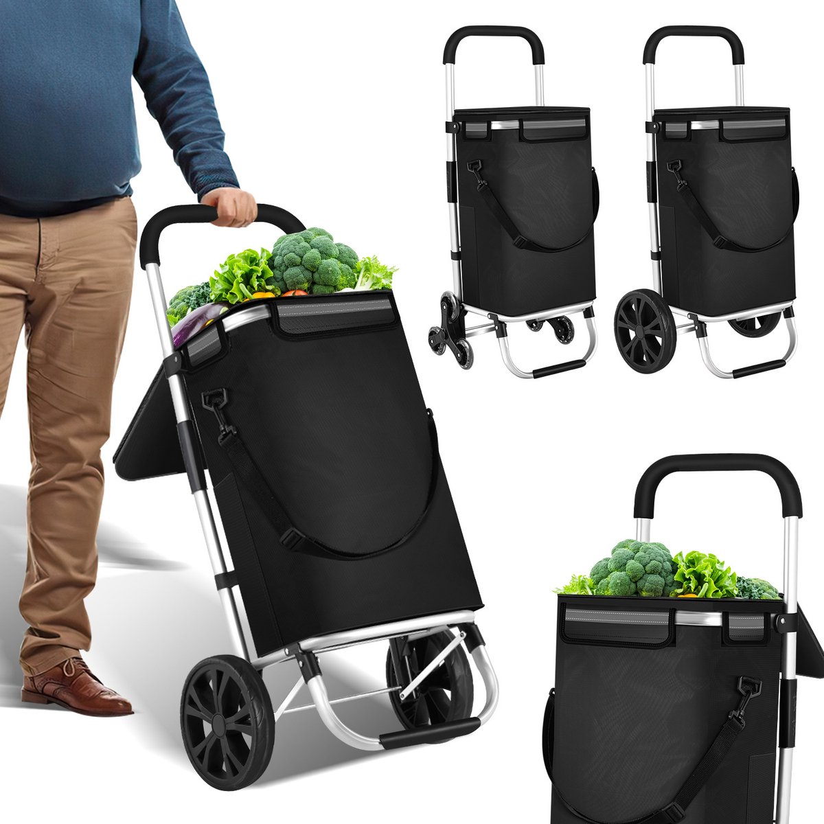 Boodschappentrolley met 2 wielen en koelvak, opvouwbaar, licht en met extra vakken