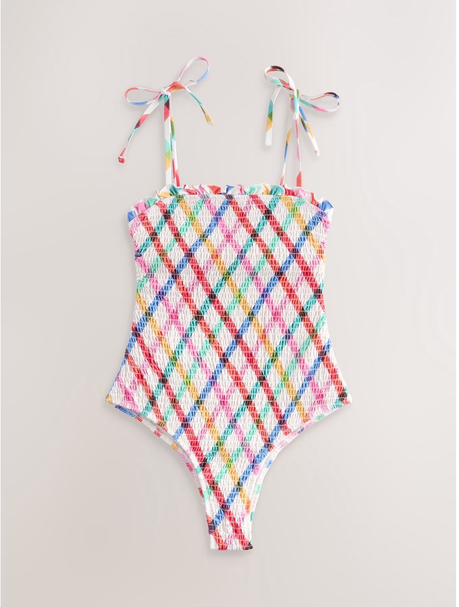 Next Dames - Gerimpeld buikbedekkend bandeau-badpak - Wit Multi/White Bright Check