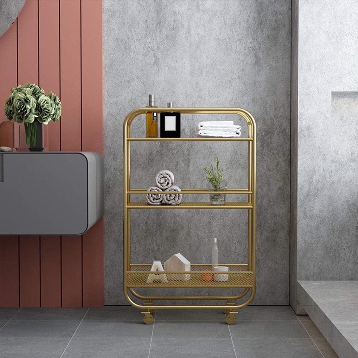 Serveertrolley Keuken - Dienblad op wielen - Keuken en badkamer - Drie niveaus metaal - Goud