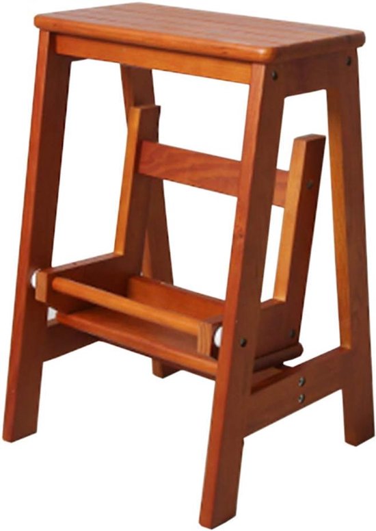 Houten opstapje met twee treden en een lage plank.