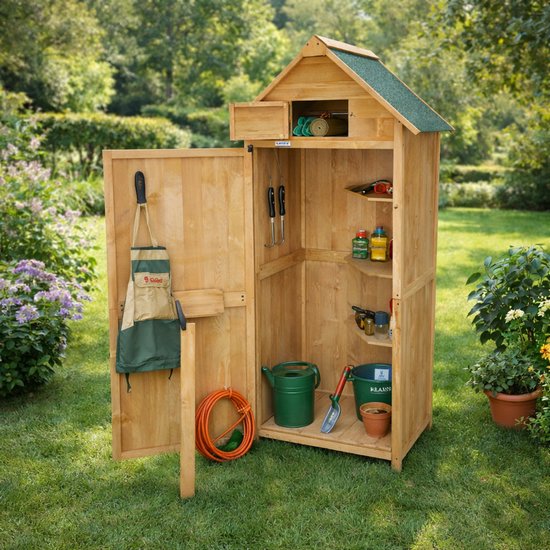 M MCombo tuinkast tuinhuisje hout weerbestendig, gereedschapskast gereedschapsschuurtje buiten, voor buiten terras, gereedschapsschuurtje met 2 verplaatsbare planken, 57×109×180 cm, 1152 (natuur