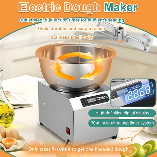 Elektrische Deegmixer - Kneedmachine Spiraal - Bakkerij Restaurant - Dubbele Rotatie Motor - 5kg Capaciteit - Zilver — afbeelding 5