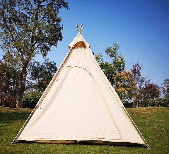 Katoenen Piramide Tent - Bell Tent Teepee - Familie Camping - Dubbele Deuren Ventilatie - 200cm Hoog - Beige — afbeelding 3