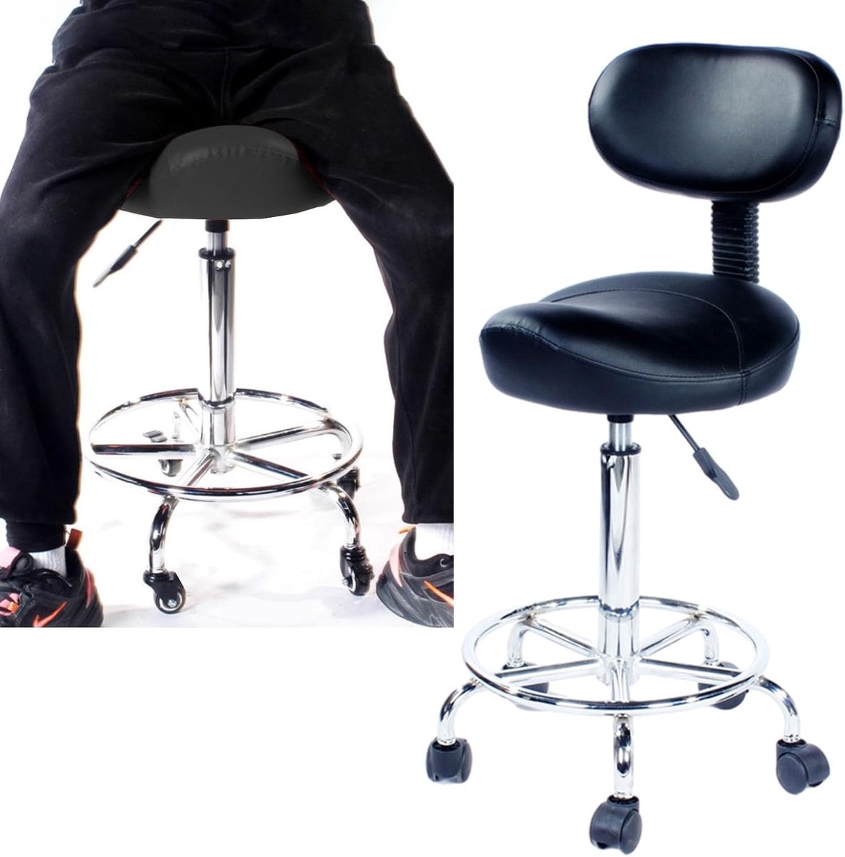 Ergonomische Zadelstoel - Hoge Kruk - Professioneel Gebruik - Verstelbaar met Voetsteun - 58-76 cm Hoogte - Zwart