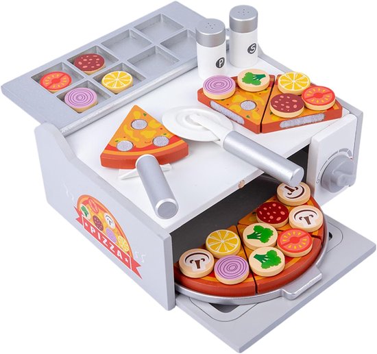 Houten Pizza Speelset - Rollenspel Keuken - Kinderen Leren Spelen - Inclusief Speelgoedoven - 12 x 22.5 x 12 cm