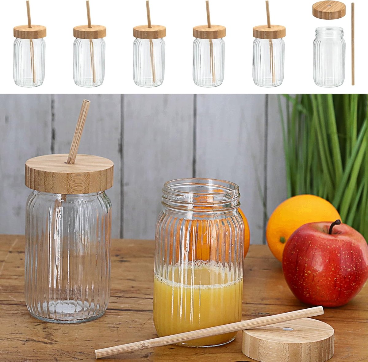 Drinkglazen met deksel - Bekers rietje - Buiten drinken - Set van zes - Ø 8 x 135 cm - Transparant