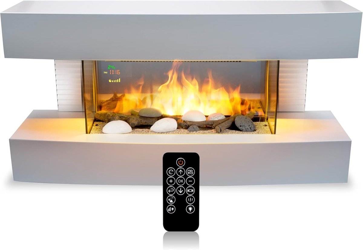 Elektrische Wandhaard 81 x 41 cm – Sfeerhaard met 3D LED Vlammen & 2000W Verwarming – Afstandsbediening, Timer & Instelbare Helderheid – Modern Wit Design – Arqam