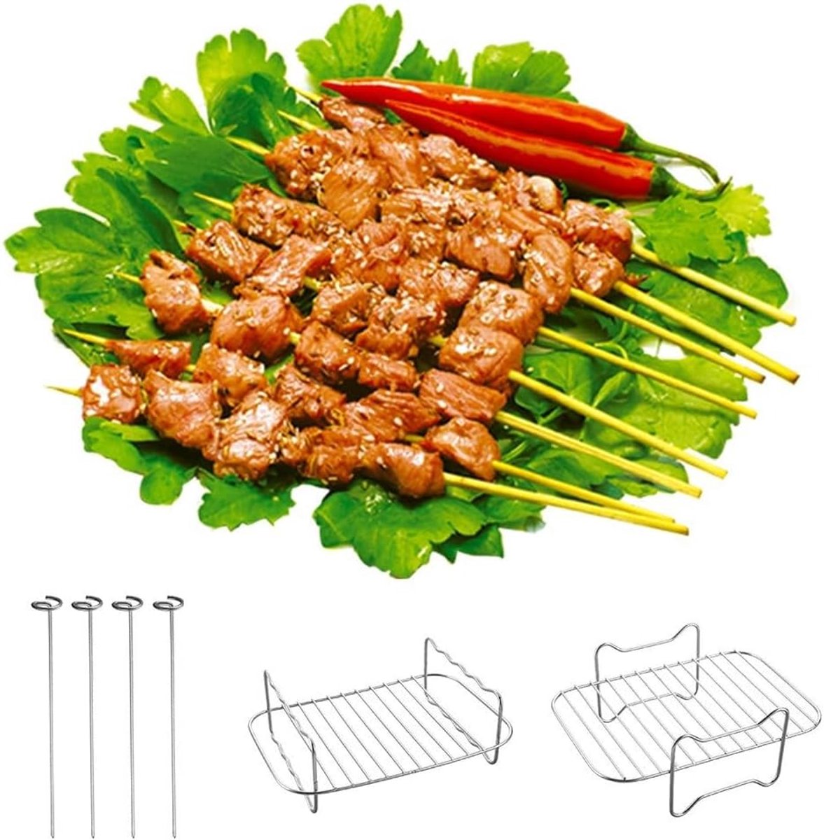 Airfryer Grill Accessoires - Roestvrijstaal Kookgerei - Gelijkmatige Warmte - Dubbele Mand Functie - 20x13x5 cm - Zilverkleurig