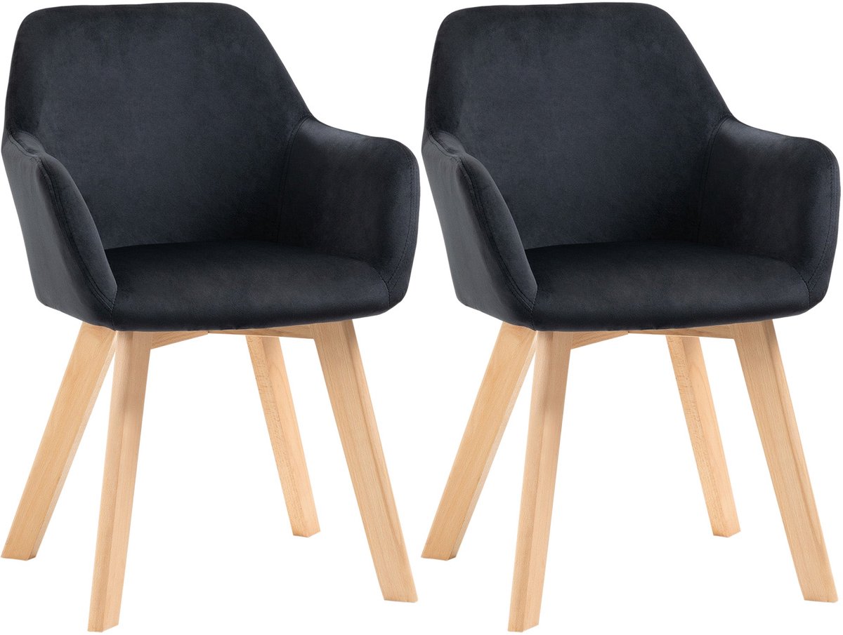 Merax Eetkamerstoelen 2 Stuks Zwart – Ergonomische Stoelen Met Armleuningen En Rugleuning - Stoffen Zitting En Houten Poten – Moderne Keukenstoelen Set