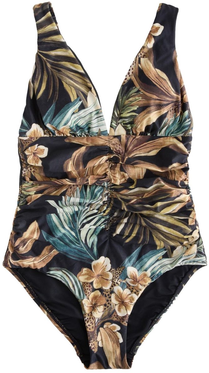 Next Dames - Buikcorrigerend badpak met laag decolleté en ruches - Zwart Black Leopard Palm