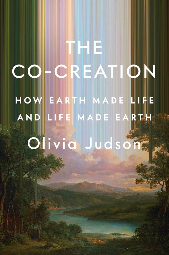 Boekomslag 'The Co-Creation' door Olivia Judson met een landschapsschilderij onder verticale kleurstrepen.
