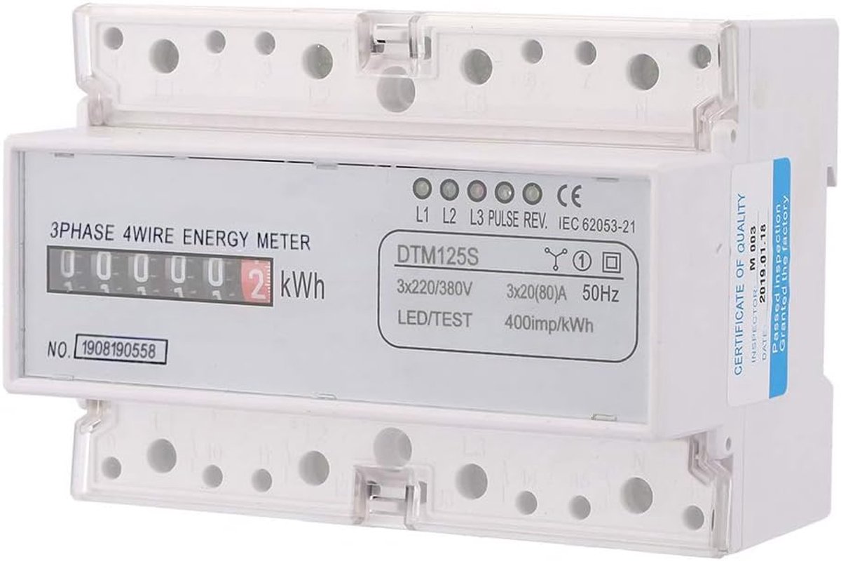 Digitale Energiemeter - Stroommeter kWh - Energieverbruik Meten - 3-Fase DIN Rail - 220/380V 80A - Grijs