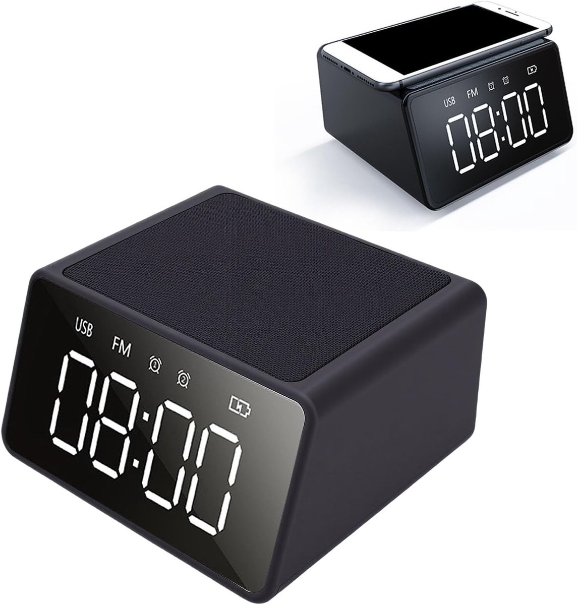 Digitale Wekker - Nachtkastje Speaker - Ontwaken en Muziek - Draadloze Oplader - 5 Inch Display - Zwart