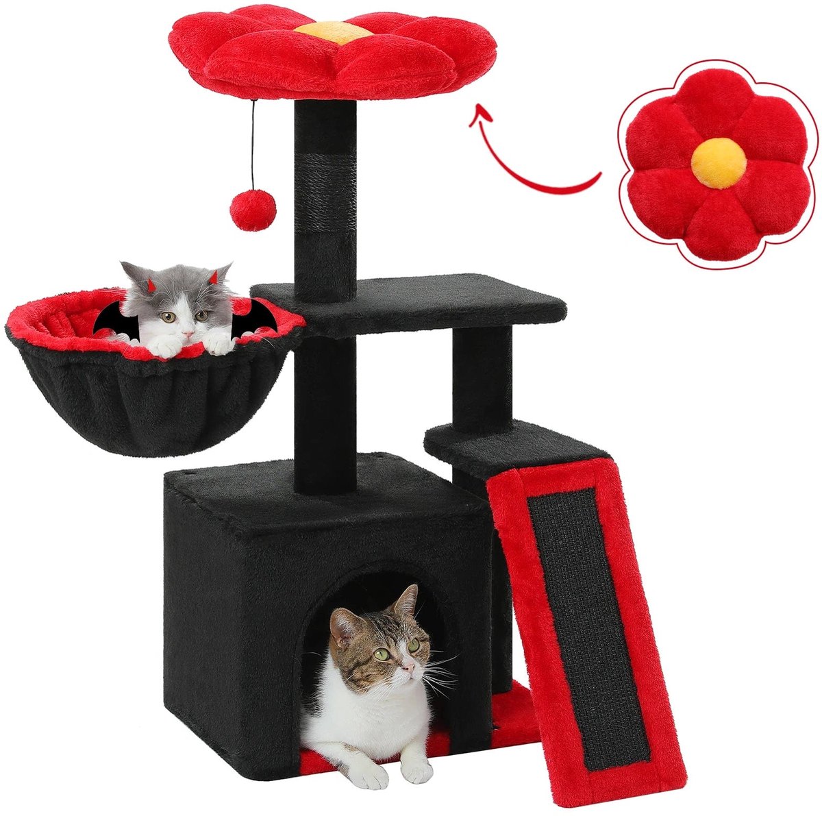 Kattenboom – Met Bloem Ontwerp - Krabpaal - Stabiele Hangmat - Huis - Sisal Krabpalen - Verwijderbare Top Perch - Kat Condo - Voor Kleine Binnenkatten - 80 cm - Zwart