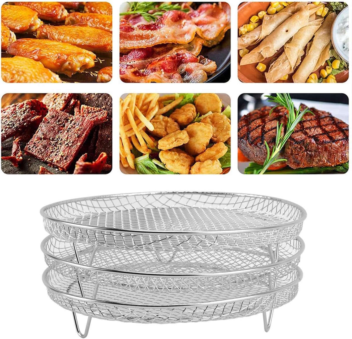 Luchtfriteuse Rekken Friteuse Accessoires Extra Kookruimte Stapelbaar Ontwerp 8 Inch Zilver