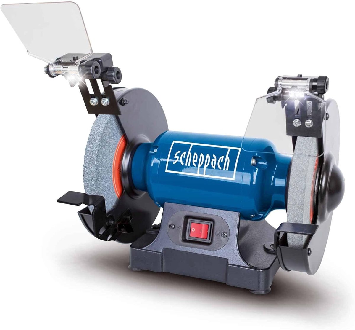 Dubbele schuurmachine - Bankslijper werkplaatsslijper - Gereedschap slijpen - Gietijzeren frame LED lampen - 200 mm schijven - Grijs