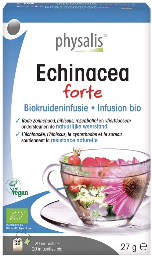 Physalis Echinacea forte thee met een kopje vol rozenbottels, echinacea bloemen en andere kruiden.