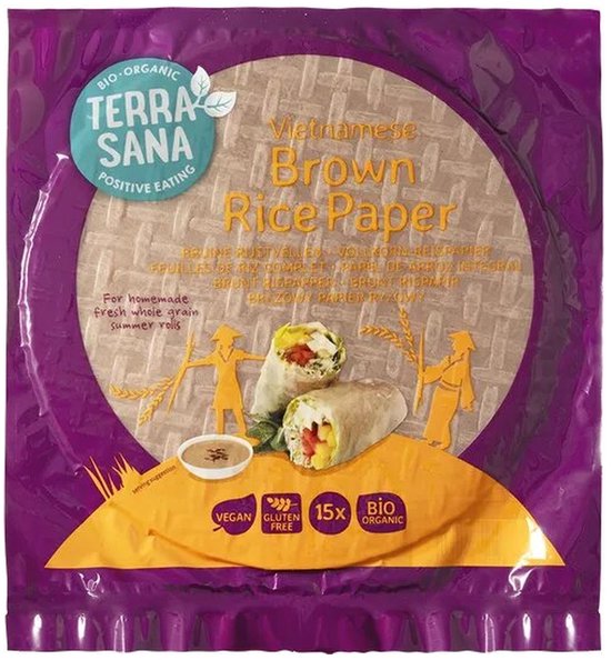 TerraSana Vietnamese rijstvellen, bruin. Voor zelfgemaakte verse, volkoren loempia's. Met afbeeldingen van twee loempia's en twee figuren.
